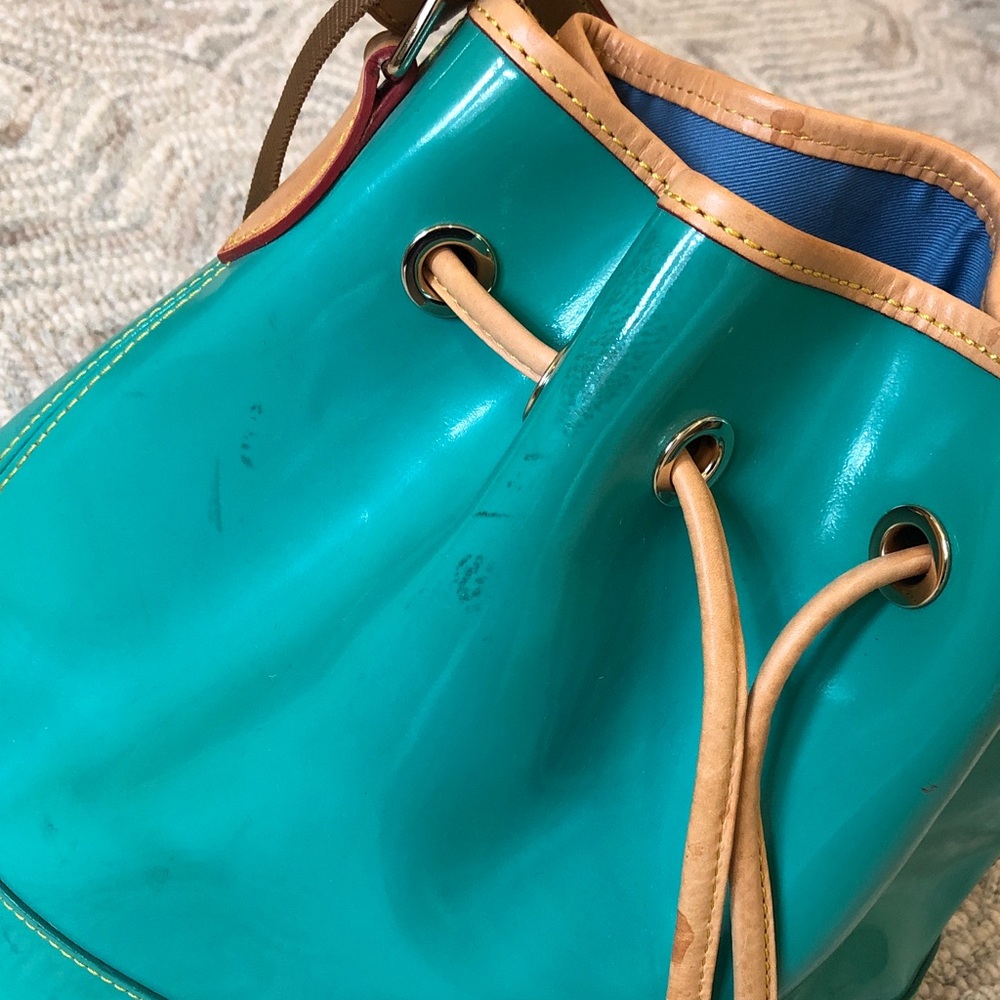 Dooney & Bourke Teal Patent Leather Drawstring Bucket Bag with Tan Trim - Picture 14 of 16